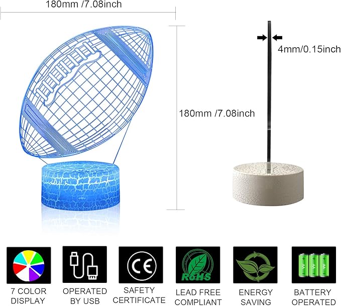 Rugby Night Light,3D Illusion Football Lamp for Kids Sprot Fans with 16 Colors Changing Remote Control&Smart Touch Bedroom Decor Lamp Holiday Xmas Birthday Gift - LeafyLoom