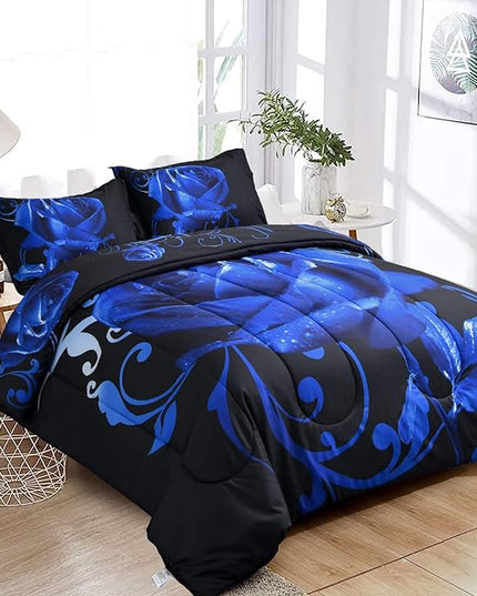 WONGS BEDDING Blue Comforter Set Queen Reversible Blue Rose Pattern Printed Bedding Comforter Set with 2 Pillowcases for All Seasons, Soft Microfiber Filling Bedding Set 90"x90" - LeafyLoom