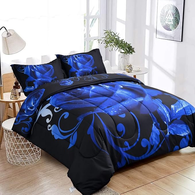 WONGS BEDDING Blue Comforter Set Queen Reversible Blue Rose Pattern Printed Bedding Comforter Set with 2 Pillowcases for All Seasons, Soft Microfiber Filling Bedding Set 90"x90" - LeafyLoom