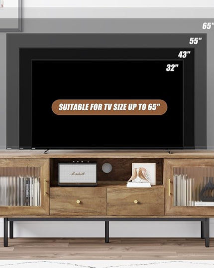 TV Stand for 65 Inch TV, Modern Entertainment Center with 2 Cabinets and 2 Drawers, Mid Century TV Stand for 55/60/65 inch TV, Media Console for Bedroom, Living Room and Office, Brown - LeafyLoom