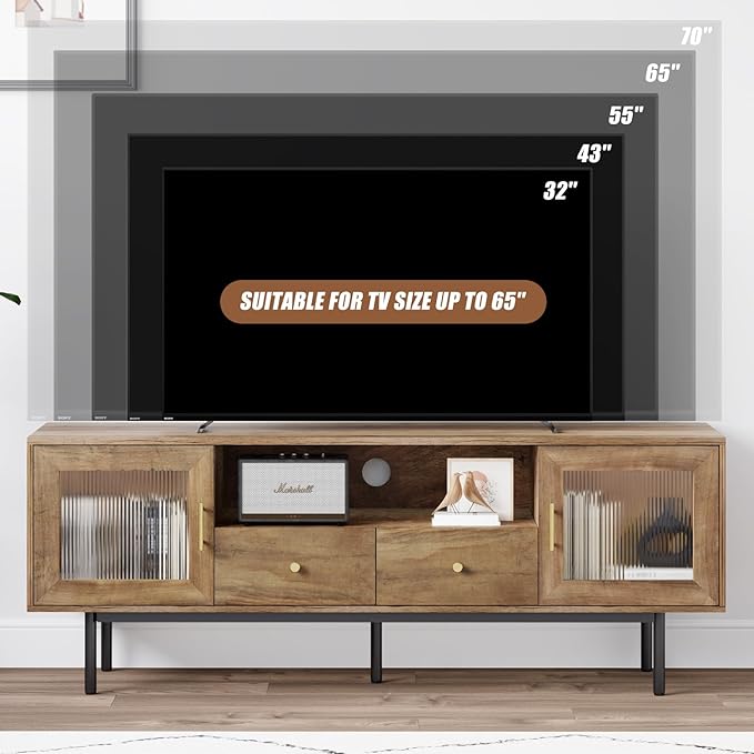 TV Stand for 65 Inch TV, Modern Entertainment Center with 2 Cabinets and 2 Drawers, Mid Century TV Stand for 55/60/65 inch TV, Media Console for Bedroom, Living Room and Office, Brown - LeafyLoom
