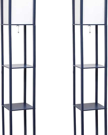 Simple Designs LF1014-NAV-2PK Three Shelf Etagere Organizer Storage Floor Lamp 2 Pack Set with White Linen Shade for Living Room, Bedroom, Office, Hallway, Navy Blue - LeafyLoom