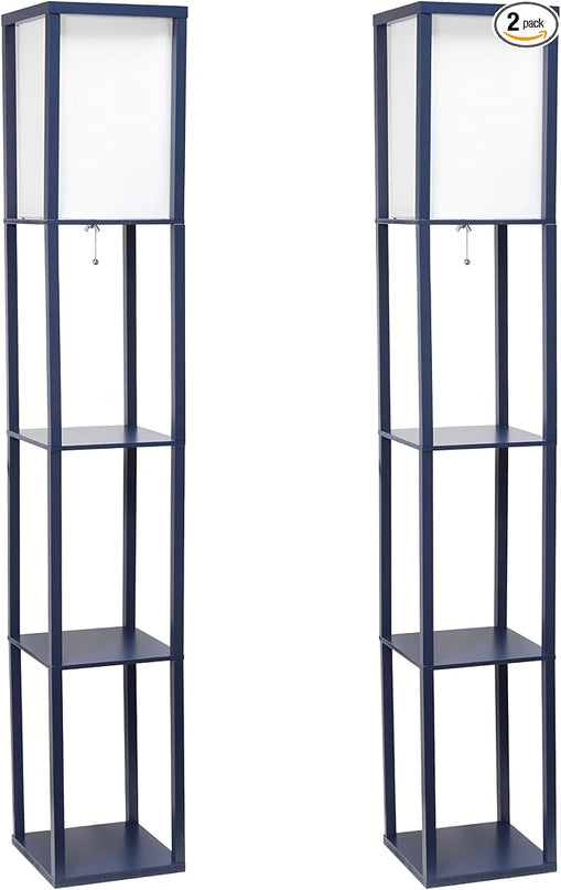 Simple Designs LF1014-NAV-2PK Three Shelf Etagere Organizer Storage Floor Lamp 2 Pack Set with White Linen Shade for Living Room, Bedroom, Office, Hallway, Navy Blue - LeafyLoom