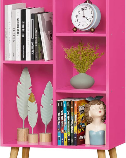 LEYAOYAO 5 Cube Bookshelf, 3-Tier Bookcase with Legs, Pink Kids Book Shelf Cute Storage Organizer, Free standing Open Toy Shelves Modern Bookshelves,Wood Display Bookcases for Bedroom,Living Room - LeafyLoom