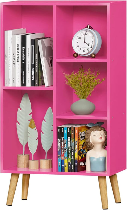 LEYAOYAO 5 Cube Bookshelf, 3-Tier Bookcase with Legs, Pink Kids Book Shelf Cute Storage Organizer, Free standing Open Toy Shelves Modern Bookshelves,Wood Display Bookcases for Bedroom,Living Room - LeafyLoom