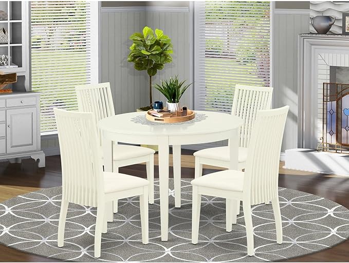 East West Furniture BOIP5-WHI-C 5Pc Set Includes a Round Dinette Table and Four Linen Fabric Seat Dining Chairs, White Finish, 42x42 Inch - LeafyLoom