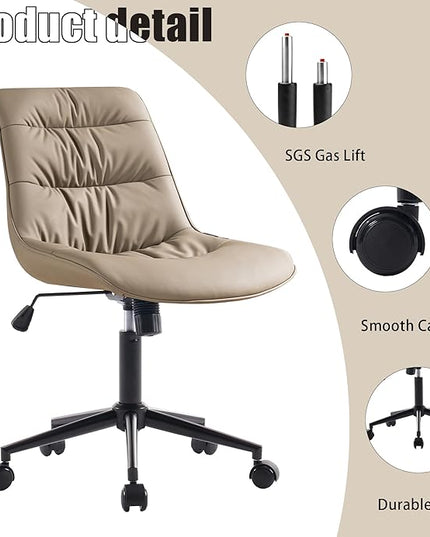 Kidol & Shellder Armless Office Chair Desk Chair Comfy Makeup Vanity Chair with Back Ergonomic Swivel Chair Home Office Desk Chairs with Wheels Rolling Computer Chair Bedroom Accent Chair(Khaki) - LeafyLoom