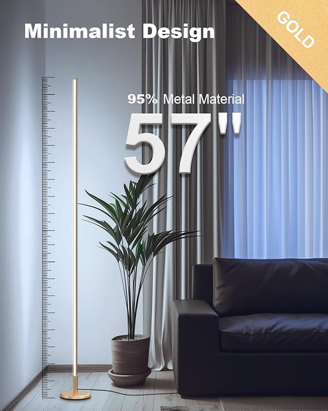 TACAHE Minimalist Corner Floor Lamp - 2700K-6500K Dimmable LED Night Light - Modern Standing Mood Lamp with Remote Control for Living Room, Bedroom - 57" 12W - Gold - 1Pack - LeafyLoom