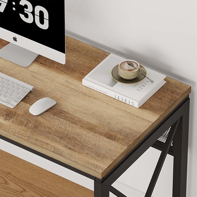 BON AUGURE Farmhouse Computer Desk, Modern Industrial Home Office Desk, Wood Metal Study Writing Table, Sturdy Gaming Desk (Vintage Oak, 54 Inch) - LeafyLoom