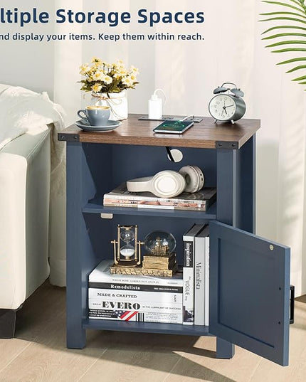 Night Stand Set of 2, 18 Inch Farmhouse Nightstand with with Charging Station and USB Port, Rustic Couch End Table with Magnetic Door, Wood Bed Side Tables for Bedroom, Home, Navy Blue - LeafyLoom