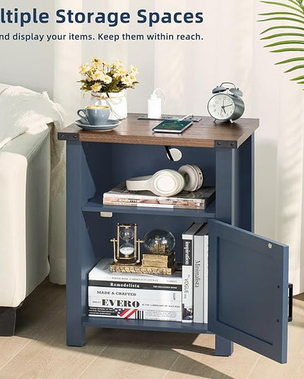 Night Stand with Charging Station and USB Port, 18 Inch Farmhouse Nightstand with Storage Shelf, Rustic Couch End Table with Magnetic Door, Wood Bed Side Tables for Bedroom, Home, Nayv Blue - LeafyLoom