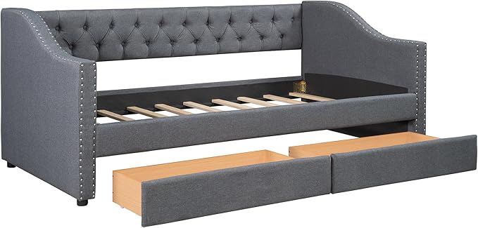 Twin Size Upholstered Daybed with Two Storage Drawers, Tufted Bed w/Nailhead Trim and Wood Slat Support, for Bedroom, Living Room, Guest Room - LeafyLoom