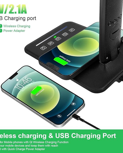 Desk Lamp with Wireless Charger, USB Charging Port, Dimmable Office Desk Light with Clock, Alarm, Date, Temperature, Foldable Lamp for Table Bedroom Bedside Office (Black Pro) - LeafyLoom