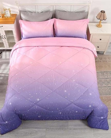 Wowelife Glitter Teen Bedding Sets for Girls Gradient Full Size 5 Pieces Comforter Set Pink Purple Kids Comforter Sets Lightweight with Comforter, Flat Sheet, Fitted Sheet and 2 Pillowcases - LeafyLoom
