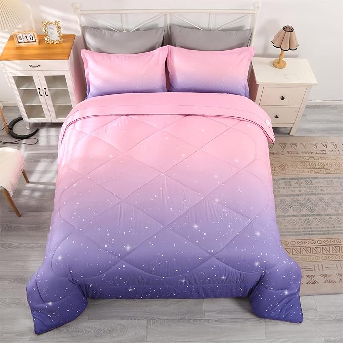 Wowelife Glitter Teen Bedding Sets for Girls Gradient Full Size 5 Pieces Comforter Set Pink Purple Kids Comforter Sets Lightweight with Comforter, Flat Sheet, Fitted Sheet and 2 Pillowcases - LeafyLoom
