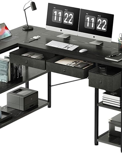 Ｍａｉｈａｉｌ Home Office Desk with Drawers and Shelves, 55” Computer Corner Desk for Small Space, Small L Shaped Desk with Side Storage for Bedroom, Black - LeafyLoom
