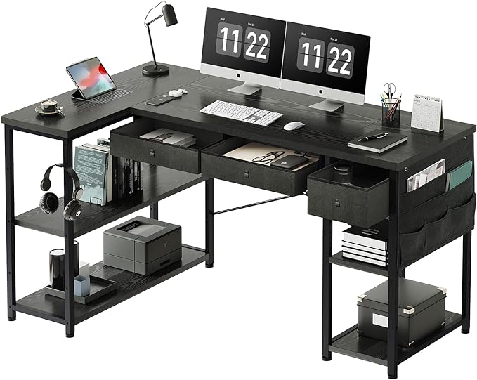 Ｍａｉｈａｉｌ Home Office Desk with Drawers and Shelves, 55” Computer Corner Desk for Small Space, Small L Shaped Desk with Side Storage for Bedroom, Black - LeafyLoom