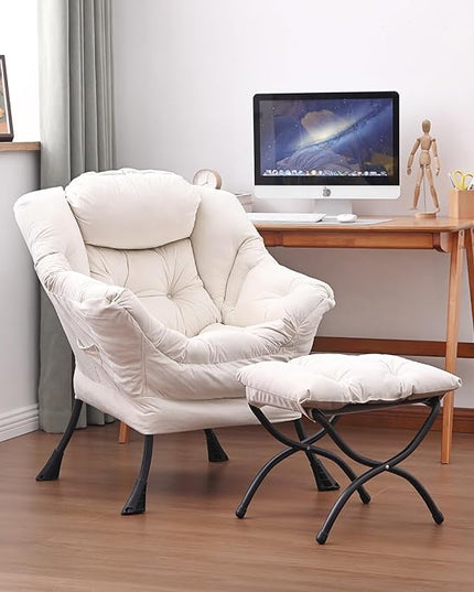 Lazy Chair and Ottoman, Large Accent Lounge Chair with Armrests and a Side Pocket, Modern Leisure Upholstered Sofa Reading Armchair with Footrest for Bedroom, Living Room, Dorm Rooms, Office - LeafyLoom