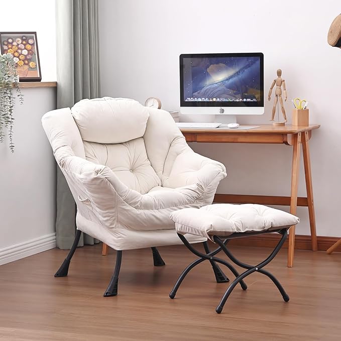 Lazy Chair and Ottoman, Large Accent Lounge Chair with Armrests and a Side Pocket, Modern Leisure Upholstered Sofa Reading Armchair with Footrest for Bedroom, Living Room, Dorm Rooms, Office - LeafyLoom