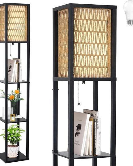Floor Lamp with Shelves, Corner Floor Lamps for Living Room, Boho Floor Lamp with LED Bulb & Double Shades, Rattan Standing Lamp for Bedroom Office, Shelf Tall Lamp for Storage Display, Home Decor - LeafyLoom