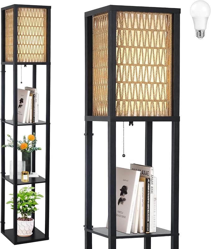 Floor Lamp with Shelves, Corner Floor Lamps for Living Room, Boho Floor Lamp with LED Bulb & Double Shades, Rattan Standing Lamp for Bedroom Office, Shelf Tall Lamp for Storage Display, Home Decor - LeafyLoom