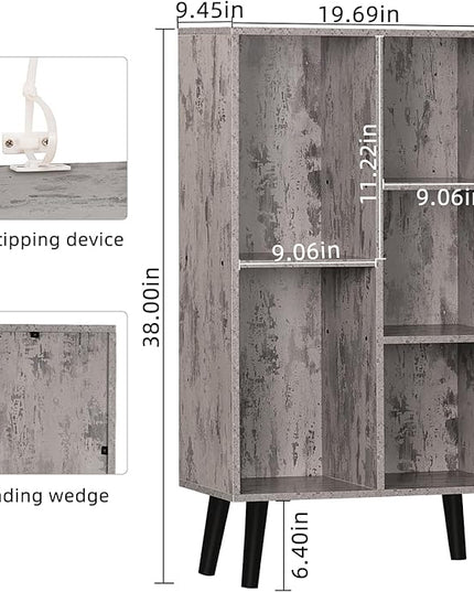 5 Cube Small Bookshelf,3 Tier Mid-Century Modern Bookcase with Legs,Wood Bookshelves Storage Organizer Shelf,Free Standing Narrow Book Shelves,Rustic Grey Corner Bookcases for Bedroom,Living Room - LeafyLoom