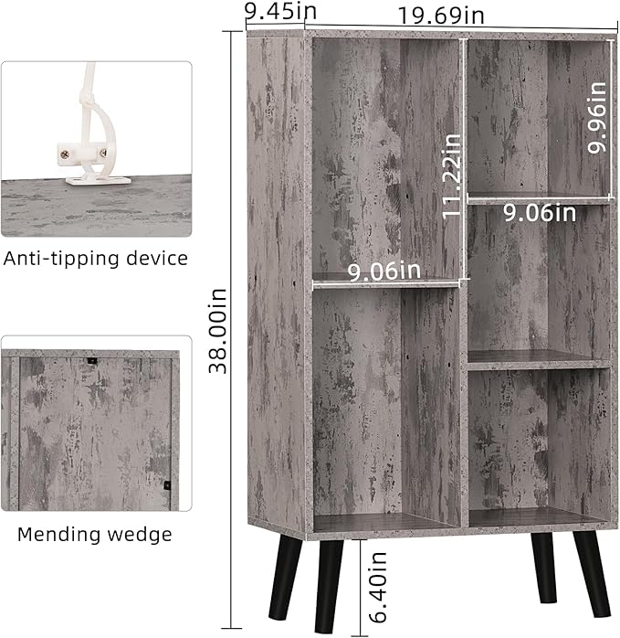 5 Cube Small Bookshelf,3 Tier Mid-Century Modern Bookcase with Legs,Wood Bookshelves Storage Organizer Shelf,Free Standing Narrow Book Shelves,Rustic Grey Corner Bookcases for Bedroom,Living Room - LeafyLoom