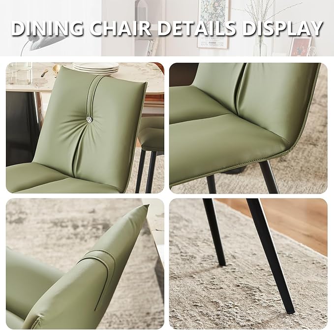 YOUTASTE Dining Chairs Set of 2 Mid Century Modern Upholstered Leather Kitchen Chairs Soft Padded Side Chairs Dinner Chairs with Metal Legs for Living Room Bedroom, Olive Green - LeafyLoom