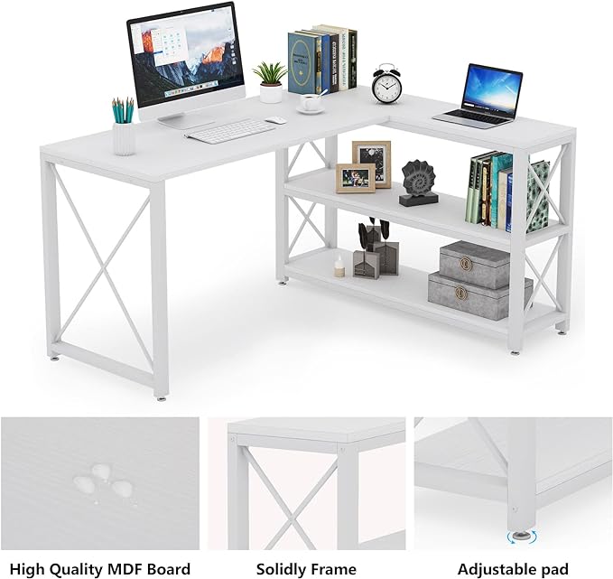 Tribesigns Reversible Industrial L-Shaped Desk with Storage Shelves, Corner Computer Desk PC Laptop Study Table Workstation for Home Office Small Space (White, 53") - LeafyLoom