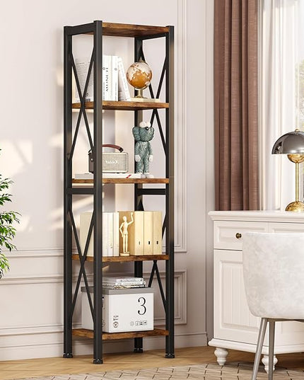 5-Tier Narrow Bookshelf, Ladder Bookshelf, Tall Bookshelf for Bedroom with Open Shelves, Office Bookshelf, Industrial Standing Bookshelf for Bedroom, Living Room and Home Office - LeafyLoom