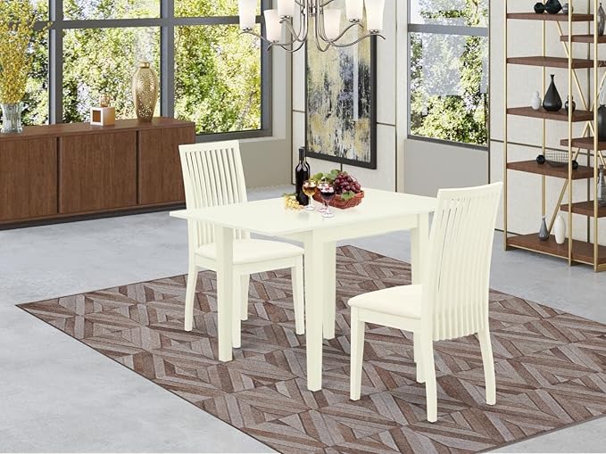 East West Furniture NDIP3-LWH-C Norden 3 Piece Modern Set Contains a Rectangle Wooden Table with Dropleaf and 2 Fabric Dining Room Chairs, 30x48 Inch, Linen White - LeafyLoom