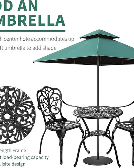 Bistro Table and Chairs Set of 2 with Umbrella Hole,Cast Aluminum Patio Bistro Sets 3 Piece,Outdoor Bistro Table Set,Patio Furniture Set for Front Porch Set,Garden(Butterfly Black) - LeafyLoom