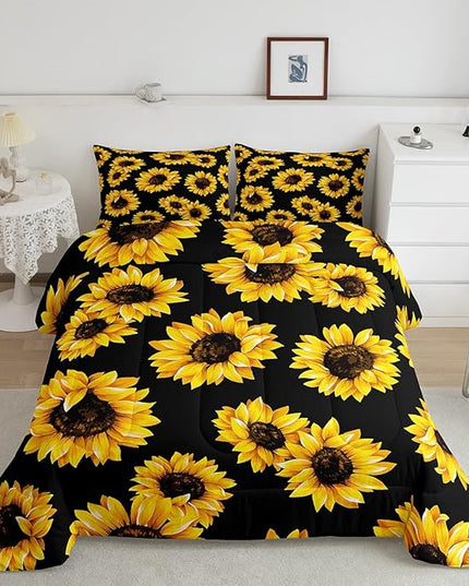 3D floral Comforter Set Queen for Kids Girls Women Yellow Flowers Bedding Set Sunflower Pattern Decor Quilted Duvet Set Botanical Floral Print on Black Down Comforter Garden Bloom Bed with pillowcases - LeafyLoom