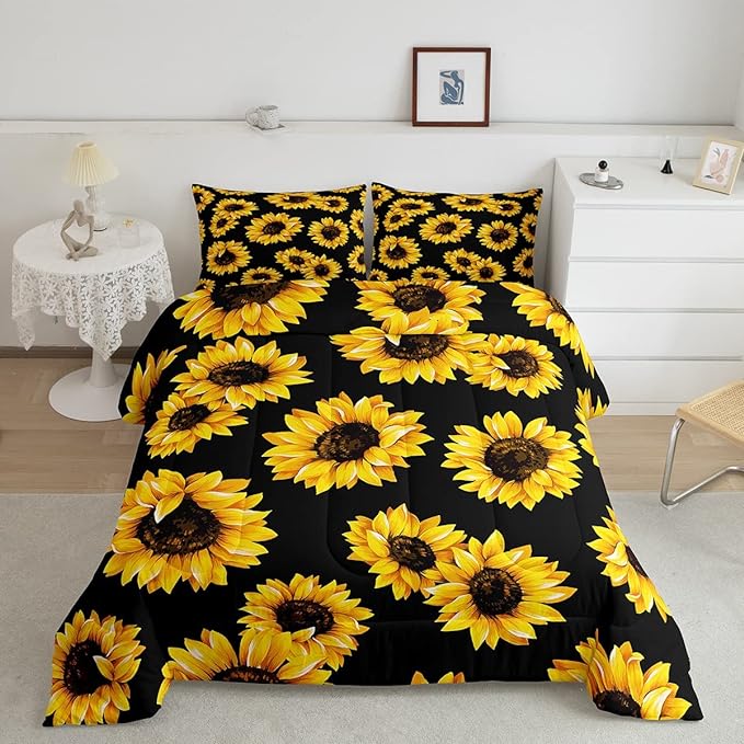 3D floral Comforter Set Queen for Kids Girls Women Yellow Flowers Bedding Set Sunflower Pattern Decor Quilted Duvet Set Botanical Floral Print on Black Down Comforter Garden Bloom Bed with pillowcases - LeafyLoom