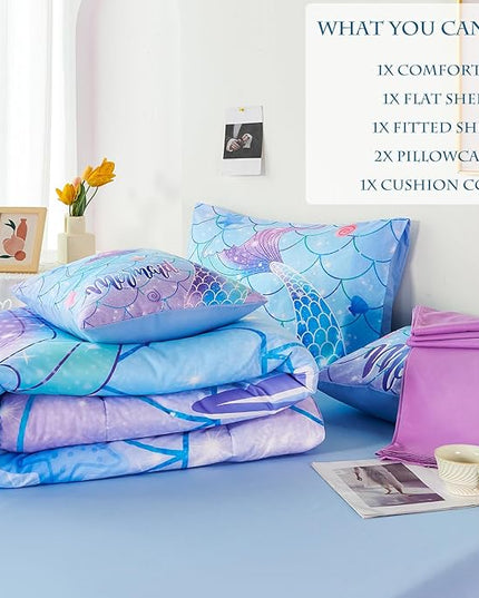URBONUR 6 Piece Mermaid Tail Comforter Set Full Size, Mermaid Fish Scale Bedding Set for Girls Ombre Purple Blue Sparkle Comforter with Sheets Set Soft All Season Room Decor Bed Set - LeafyLoom