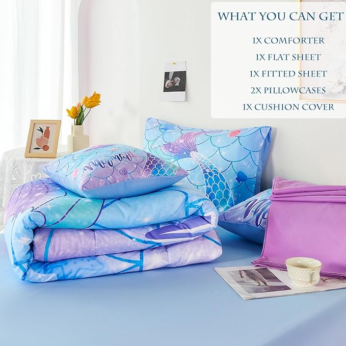 URBONUR 6 Piece Mermaid Tail Comforter Set Full Size, Mermaid Fish Scale Bedding Set for Girls Ombre Purple Blue Sparkle Comforter with Sheets Set Soft All Season Room Decor Bed Set - LeafyLoom