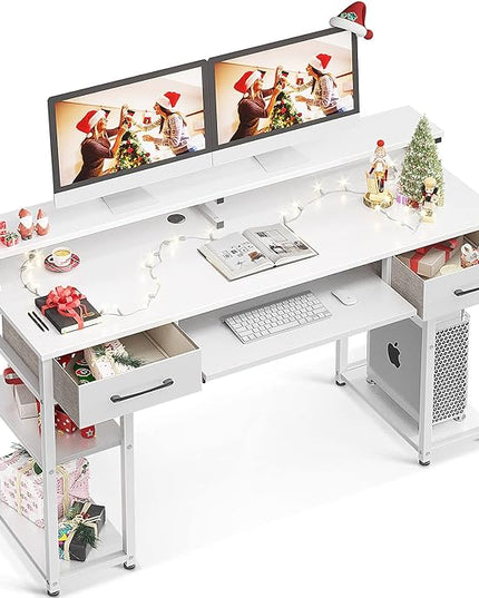 ODK Computer Desk, 55'' Office Desk with Keyboard Tray, Writting Desk with Drawers and Monitor Stand, Study Table with CPU Stand and Removable Shelf for Storage, White - LeafyLoom