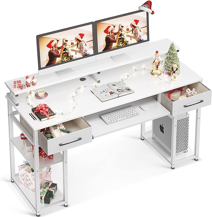 ODK Computer Desk, 55'' Office Desk with Keyboard Tray, Writting Desk with Drawers and Monitor Stand, Study Table with CPU Stand and Removable Shelf for Storage, White - LeafyLoom