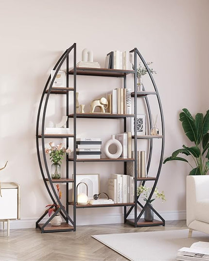 Large Oval Bookshelf, 70“ Tall Open 5 Tier Industrial Bookcases, Modern Etagere Bookcase Furniture, Wall Units for Living Room, Bookshelves Display Shelves for Office - LeafyLoom