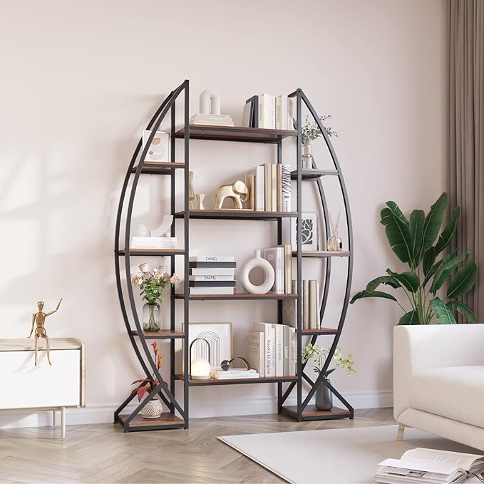 Large Oval Bookshelf, 70“ Tall Open 5 Tier Industrial Bookcases, Modern Etagere Bookcase Furniture, Wall Units for Living Room, Bookshelves Display Shelves for Office - LeafyLoom