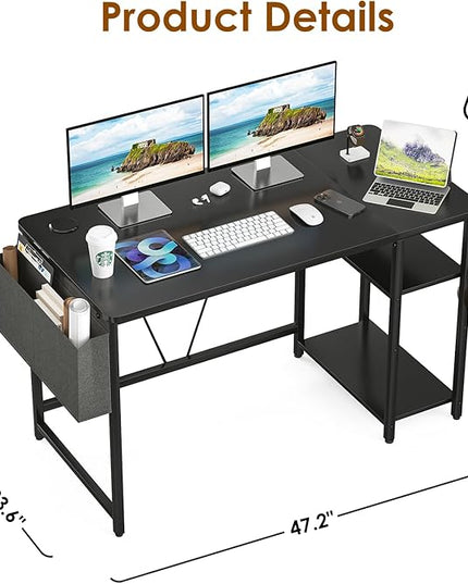 Computer Desk, 47.2” Home Office Desks, Modern Small Desk for Bedroom, Gaming Desk with Iron Hook and Height Adjustable Feet, Sturdy Student Writing Desk with Storage Bag, Storage Shelves - LeafyLoom