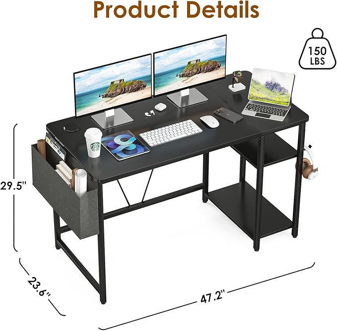 Computer Desk, 47.2” Home Office Desks, Modern Small Desk for Bedroom, Gaming Desk with Iron Hook and Height Adjustable Feet, Sturdy Student Writing Desk with Storage Bag, Storage Shelves - LeafyLoom