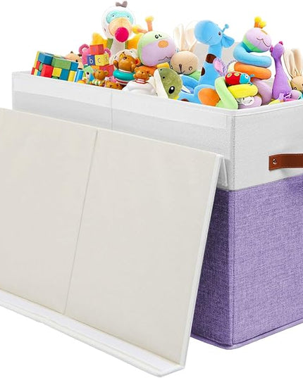 Large Toy Storage Box with Lid, Sturdy Toys Storage Chest Bin Organizer Basket with Dividers for Kids, Boys, Girls, Nursery, Closet, Bedroom, Playroom 25"x13" x16" (Purple and White) - LeafyLoom