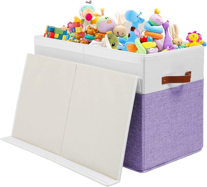 Large Toy Storage Box with Lid, Sturdy Toys Storage Chest Bin Organizer Basket with Dividers for Kids, Boys, Girls, Nursery, Closet, Bedroom, Playroom 25"x13" x16" (Purple and White) - LeafyLoom