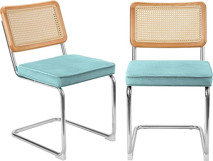 Dining Chair Set of 2, Mid-Century Modern Rattan Dining Chairs with Metal Chrome Legs, Natural Cane Backrest Upholstered for Home Kitchen，Dining Room and Patio, Aqua Blue - LeafyLoom