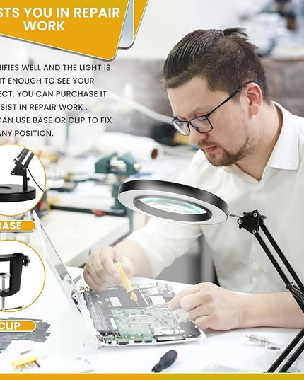 Magnifying Glass with Light and Stand - 2-in-1 Stepless Dimmable LED Magnifying Desk Lamp with Clamp - 3 Color Modes Lighted Magnifier Lens Swivel Arm Light for Reading, Craft, Close Works - LeafyLoom