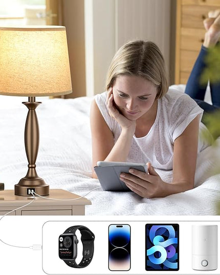 Beige Brown Lamps for Bedrooms Set of 2 - Touch Control Bedside Lamp with USB C+A, 3 Way Dimmable Nightstand Lamps with USB Port, Table Lamp for Living Room(Beige Shade and Brown Base) - LeafyLoom