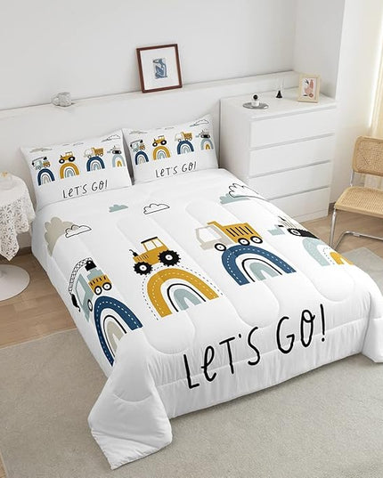 Boys Cartoon Car Comforter Set, Kids Construction Vehicles Comforter for Kids Children Cartoon Rainbow Truck Bedding Set Cute Cars Soft Quilt Set Bedroom Collection 3Pcs Full Size - LeafyLoom