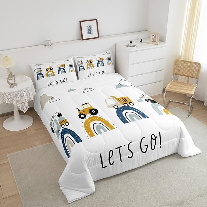 Boys Cartoon Car Comforter Set, Kids Construction Vehicles Comforter for Kids Children Cartoon Rainbow Truck Bedding Set Cute Cars Soft Quilt Set Bedroom Collection 3Pcs Full Size - LeafyLoom