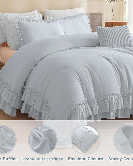 Ruffled Comforter Set for Queen Bed,3 Pieces Vintage Farmhouse Shabby Bedding Set Lightweight Ultra Soft French Country Bedding (1 Cornflower Blue Comforter +2 Pillowcases) - LeafyLoom